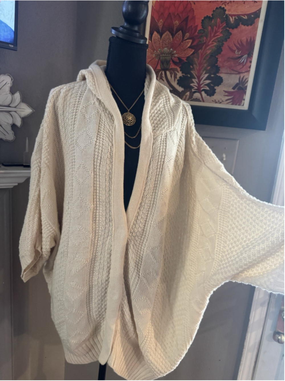 Free People Womens M Cream Hooded Cardigan Sweater Oversized Cable Knit Dolman